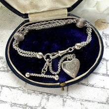 画像をギャラリービューアに読み込む, Victorian Sterling Silver Albertina Bracelet. Antique Fancy Link Watch Chain Bracelet With Love Heart Locket Charm, T-Bar & Dog-Clip