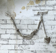 画像をギャラリービューアに読み込む, Victorian Sterling Silver Albertina Bracelet. Antique Fancy Link Watch Chain Bracelet With Love Heart Locket Charm, T-Bar & Dog-Clip