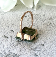 画像をギャラリービューアに読み込む, Art Deco 9ct Gold Jade Ring. Antique Moss Green Jade Cabochon Ring. 9ct Rose Gold Square Cut Jade Ring Size M-1/2/UK, 6.5 US