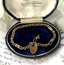 画像をギャラリービューアに読み込む, Vintage Art Deco 18ct Rolled Gold Gate Bracelet With Heart Padlock Clasp. 1930s English Fancy Link Bar & Chain Sweetheart Bracelet