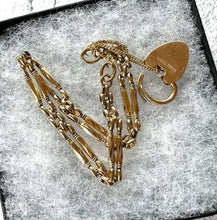画像をギャラリービューアに読み込む, Vintage Art Deco 18ct Rolled Gold Gate Bracelet With Heart Padlock Clasp. 1930s English Fancy Link Bar & Chain Sweetheart Bracelet