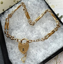 画像をギャラリービューアに読み込む, Vintage Art Deco 18ct Rolled Gold Gate Bracelet With Heart Padlock Clasp. 1930s English Fancy Link Bar & Chain Sweetheart Bracelet