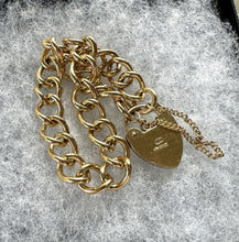 Carica l'immagine nel visualizzatore di Gallery, Vintage 9ct Gold Curb Link Bracelet With Heart Padlock Clasp, 20.5 grams. Antique Style Yellow Gold Classic Curb Chain Sweetheart Bracelet
