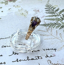 画像をギャラリービューアに読み込む, Antique Victorian 15ct Gold Purple Amethyst & Pearl Floral Engraved Ring. Ornate Victorian Boat Ring, Hallmarked 1874. Ring Size M-1/2/6-1/2