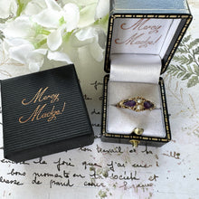 画像をギャラリービューアに読み込む, Antique Victorian 15ct Gold Purple Amethyst & Pearl Floral Engraved Ring. Ornate Victorian Boat Ring, Hallmarked 1874. Ring Size M-1/2/6-1/2