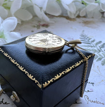 画像をギャラリービューアに読み込む, Vintage English 9ct Rolled Gold Engraved Forget-Me-Not Locket. Small 2-Photo Locket On Chain. Edwardian/Victorian Style Gold Locket Necklace
