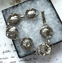 画像をギャラリービューアに読み込む, Antique Art Deco Sterling Silver Repoussé Rose Bracelet. Arts & Crafts/Art Nouveau Silver Figural Flower Panel Bracelet, Circa 1920