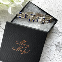 Load image into Gallery viewer, Art Deco Egyptian Revival Silver & Lapis Tutankhamun Bracelet. Antique/Vintage 1930s Sterling Silver Inlaid Blue Gemstone Figural Bracelet.