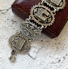 画像をギャラリービューアに読み込む, Vintage 1950s Paris France Souvenir Filigree Bracelet With Eiffel Tower Dangle Charm. French Filigrane Wide Scenic Panel Silver Bracelet.