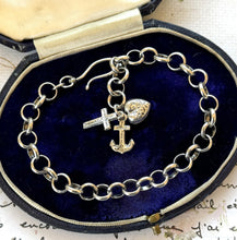 画像をギャラリービューアに読み込む, Antique Victorian Sterling Silver Bracelet With Anchor, Cross & Heart Triple Charm. Belcher Link Charm Bracelet With Swivel Hook Clasp.