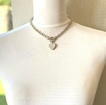 画像をギャラリービューアに読み込む, Vintage Heavy Sterling Silver Heart T-Bar Toggle Necklace. 16"/41cm Oval Chunky Link Chain T-Bar, Ring & Charm Necklace, British Hallmarks