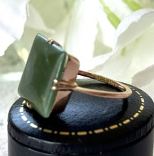 画像をギャラリービューアに読み込む, Art Deco 9ct Gold Jade Ring. Antique Moss Green Jade Cabochon Ring. 9ct Rose Gold Square Cut Jade Ring Size M-1/2/UK, 6.5 US