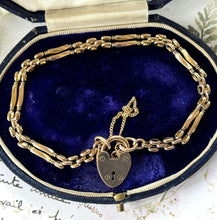 画像をギャラリービューアに読み込む, Vintage Art Deco 18ct Rolled Gold Gate Bracelet With Heart Padlock Clasp. 1930s English Fancy Link Bar & Chain Sweetheart Bracelet