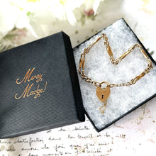 画像をギャラリービューアに読み込む, Vintage Art Deco 18ct Rolled Gold Gate Bracelet With Heart Padlock Clasp. 1930s English Fancy Link Bar & Chain Sweetheart Bracelet