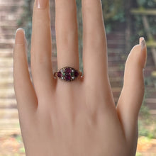 画像をギャラリービューアに読み込む, Antique Victorian 15ct Gold Pink Tourmaline, Emerald & Pearl Cluster Ring. Antique 1874 Floral Engraved 15ct Rose Gold Ring, Size N/6.75
