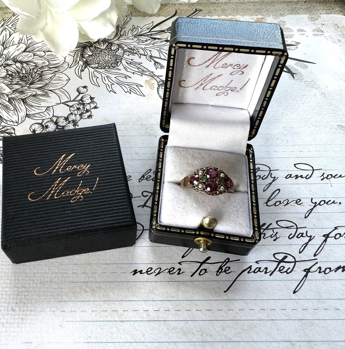 Antique Victorian 15ct Gold Pink Tourmaline, Emerald & Pearl Cluster Ring. Antique 1874 Floral Engraved 15ct Rose Gold Ring, Size N/6.75