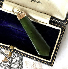 画像をギャラリービューアに読み込む, Antique Edwardian 9ct Gold & Jade Torpedo Fob Pendant. 9ct Rose Gold Carved Jade Long Slender Antique Amulet Pendant
