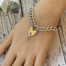Load image into Gallery viewer, Vintage 1961 Sterling Silver Curb Chain Bracelet With Heart Padlock Clasp. Watch Chain Style English Sweetheart Bracelet. Romantic Jewellery