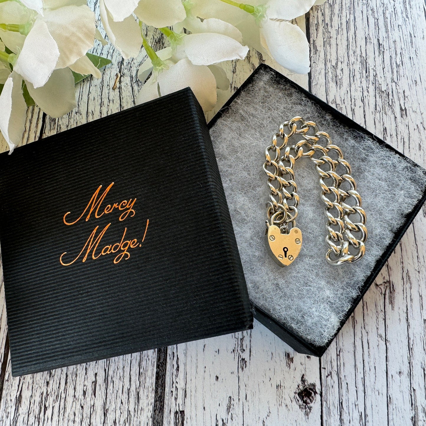 Vintage 1961 Sterling Silver Curb Chain Bracelet With Heart Padlock Clasp. Watch Chain Style English Sweetheart Bracelet. Romantic Jewellery