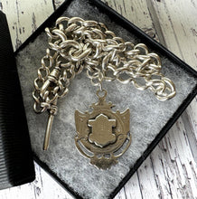 画像をギャラリービューアに読み込む, Antique Sterling Silver Heavy Long Albert Watch Chain With Fob Drop. Large Victorian Watch Chain/Necklace With Fob Pendant, T-Bar & Dog-Clip