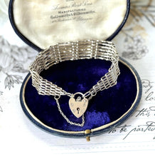 画像をギャラリービューアに読み込む, Vintage English Silver 7-Bar Gate Bracelet With Heart Padlock Clasp, Hallmarked 1978. Wide Fancy Link Sterling Silver Sweetheart Bracelet