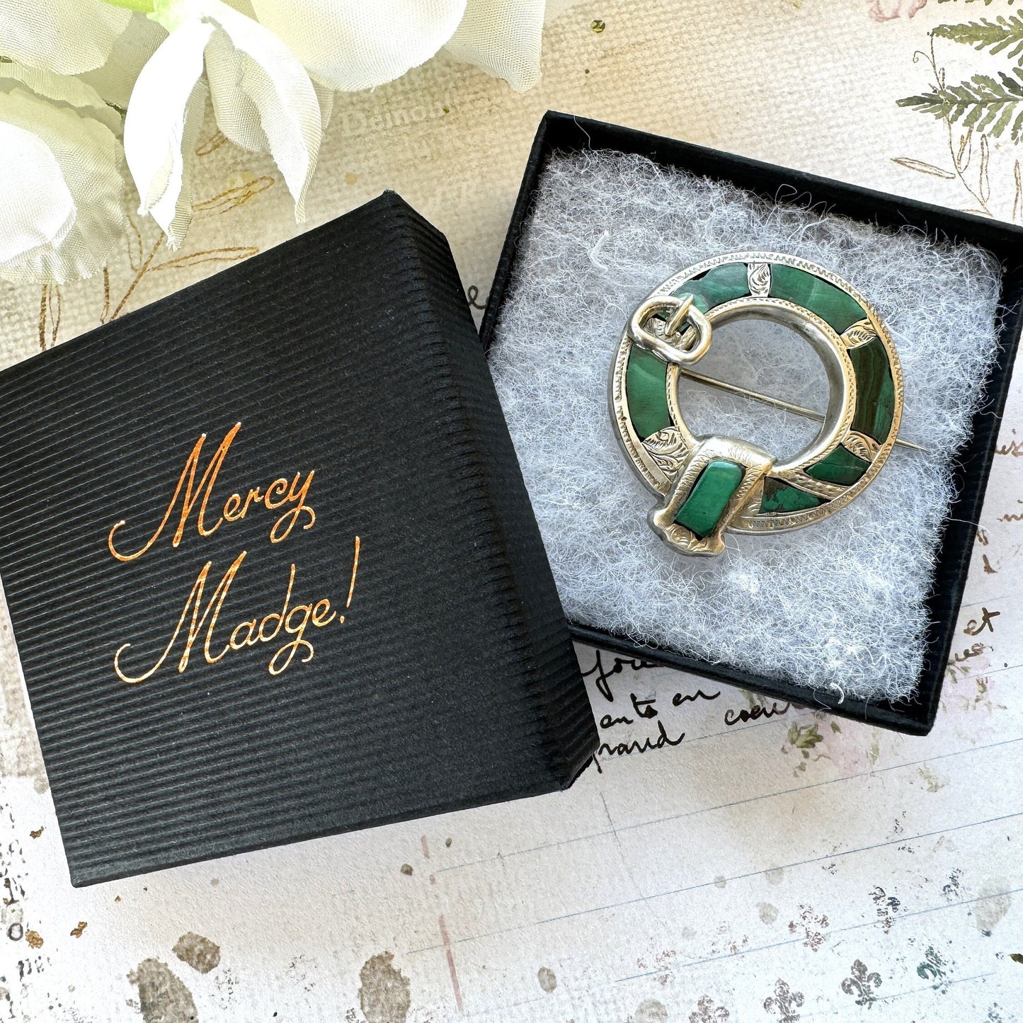 Antique Victorian Scottish Silver Malachite Belt Buckle Brooch. Aesthetic Engraved Silver Ring Brooch. Scottish Pebble Lapel/Plaid Pin