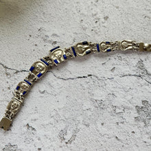 Load image into Gallery viewer, Art Deco Egyptian Revival Silver & Lapis Tutankhamun Bracelet. Antique/Vintage 1930s Sterling Silver Inlaid Blue Gemstone Figural Bracelet.