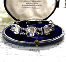 Load image into Gallery viewer, Art Deco Egyptian Revival Silver & Lapis Tutankhamun Bracelet. Antique/Vintage 1930s Sterling Silver Inlaid Blue Gemstone Figural Bracelet.