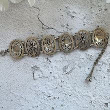 画像をギャラリービューアに読み込む, Vintage 1950s Paris France Souvenir Filigree Bracelet With Eiffel Tower Dangle Charm. French Filigrane Wide Scenic Panel Silver Bracelet.