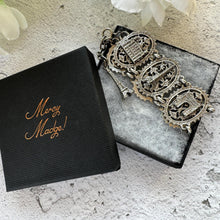 画像をギャラリービューアに読み込む, Vintage 1950s Paris France Souvenir Filigree Bracelet With Eiffel Tower Dangle Charm. French Filigrane Wide Scenic Panel Silver Bracelet.