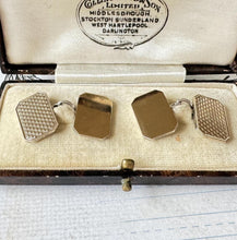 Carica l'immagine nel visualizzatore di Gallery, Antique 9ct Gold Faced Engraved Cufflinks In Fitted Case. 1930s Art Deco Guilloche Engraved Yellow Gold & Sterling Silver Chain Cufflinks