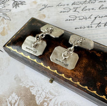 Carica l'immagine nel visualizzatore di Gallery, Antique 9ct Gold Faced Engraved Cufflinks In Fitted Case. 1930s Art Deco Guilloche Engraved Yellow Gold & Sterling Silver Chain Cufflinks