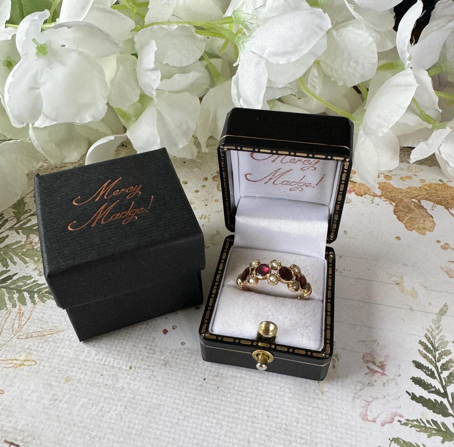 Antique Victorian 9ct Gold Pink Tourmaline & Pearl Half Hoop Ring, Chester 1899. Georgian Style Flat Cut Gemstone Band Ring, Size O-1/2, 7.5