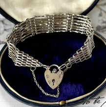 画像をギャラリービューアに読み込む, Vintage English Silver 7-Bar Gate Bracelet With Heart Padlock Clasp, Hallmarked 1978. Wide Fancy Link Sterling Silver Sweetheart Bracelet