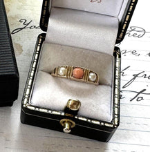 Charger l'image dans la galerie, Antique Victorian 9ct Yellow Gold Coral & Pearl Trilogy Band Ring, Size M-1/2 UK, 6-1/2 US