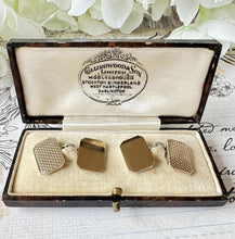 Carica l'immagine nel visualizzatore di Gallery, Antique 9ct Gold Faced Engraved Cufflinks In Fitted Case. 1930s Art Deco Guilloche Engraved Yellow Gold & Sterling Silver Chain Cufflinks