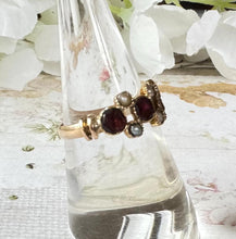 画像をギャラリービューアに読み込む, Antique Victorian 9ct Gold Pink Tourmaline & Pearl Half Hoop Ring, Chester 1899. Georgian Style Flat Cut Gemstone Band Ring, Size O-1/2, 7.5