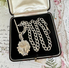 画像をギャラリービューアに読み込む, Antique English Silver Albert Watch Chain With Large Fancy Fob. Heavy Sterling Silver Curb Chain Necklace With T-Bar, Dog Clip & Fob Pendant