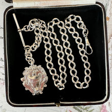 画像をギャラリービューアに読み込む, Antique English Silver Albert Watch Chain With Large Fancy Fob. Heavy Sterling Silver Curb Chain Necklace With T-Bar, Dog Clip & Fob Pendant