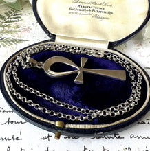 画像をギャラリービューアに読み込む, Vintage Egyptian Silver Large Ankh Cross Pendant Necklace. Sterling Silver Egyptian Revival Key Of Eternal Life Pendant & Long Belcher Chain