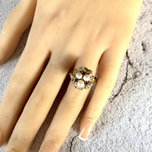 Lade das Bild in den Galerie-Viewer, Vintage 9ct Gold Pearl & Ruby Birds Nest Ring. 1970's Akoya Pearl Statement Cocktail Ring. Unique Design Led Trilogy Ring Size P/ US 7-3/4