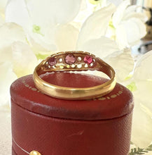 Charger l'image dans la galerie, Antique Victorian 18ct Gold Rose Cut Diamond, Pink Tourmaline & Ruby Classic 5 Stone Ring. Large Finger Size Q/8-1/4 Stacking Band Ring