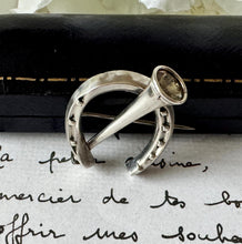 画像をギャラリービューアに読み込む, Antique Victorian Silver Horseshoe & Hunting Horn Brooch. English Sterling Silver Good Luck/Wedding Lapel Pin. Equestrian Stock/Cravat Pin