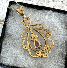Carica l'immagine nel visualizzatore di Gallery, Vintage 9ct Gold Diamond & Amethyst Pendant With Optional Gold Chain. Antique Edwardian Style Yellow Gold Natural Diamond Pendant Necklace.