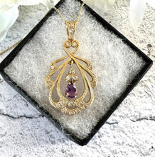 Carica l'immagine nel visualizzatore di Gallery, Vintage 9ct Gold Diamond & Amethyst Pendant With Optional Gold Chain. Antique Edwardian Style Yellow Gold Natural Diamond Pendant Necklace.