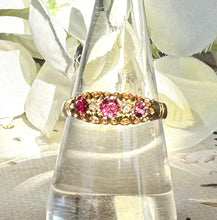Charger l'image dans la galerie, Antique Victorian 18ct Gold Rose Cut Diamond, Pink Tourmaline & Ruby Classic 5 Stone Ring. Large Finger Size Q/8-1/4 Stacking Band Ring