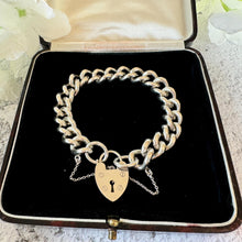 Cargar imagen en el visor de la galería, Vintage Sterling Silver Heavy Curb Chain Bracelet: Heart Padlock Clasp, London 1972