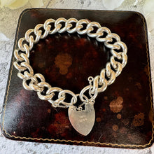 Cargar imagen en el visor de la galería, Vintage Sterling Silver Heavy Curb Chain Bracelet: Heart Padlock Clasp, London 1972