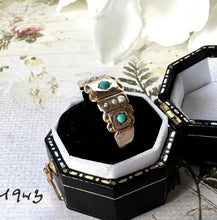 Cargar imagen en el visor de la galería, Antique Victorian 15ct Yellow Gold Turquoise & Pearl Band Ring. Classic Half Hoop Gemstone Ring, Chester 1892. Antique Ring Size N-1/2 or 7