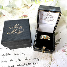 Cargar imagen en el visor de la galería, Antique Victorian 15ct Yellow Gold Turquoise & Pearl Band Ring. Classic Half Hoop Gemstone Ring, Chester 1892. Antique Ring Size N-1/2 or 7